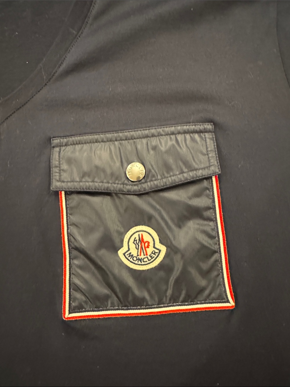 Moncler Black Tee with Red Trim Pocket Patch